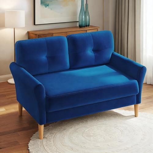 Image of Domusensus 2 Seater Sofa, 123CM Modern Small Sofas, Comfy Couch with Spring Cushion, Velvet Two Seater Sofa With Wood Legs, Love Seat for Living Room, Small Couch for Bedroom, Blue