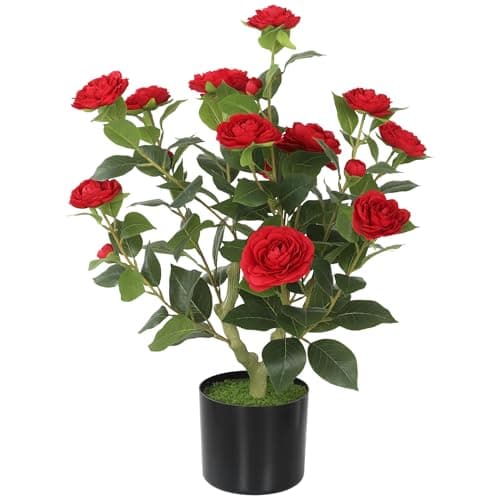 Image of HOMCOM 65cm Artificial Camellia Flower Plant in Pot, Realistic Silk Flowers with 116 Lush Leaves & Moss Effect, Faux Tree for Outdoor Indoor Garden Porch Decor, Red