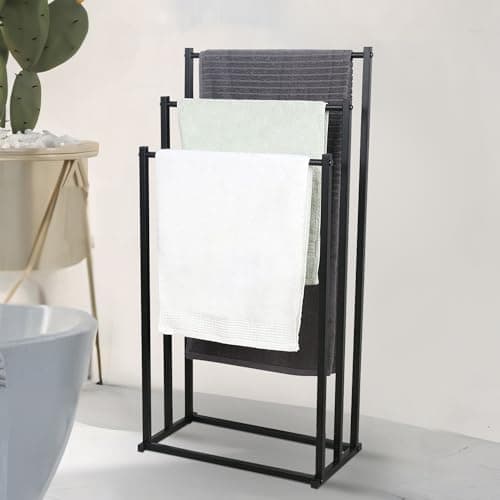 Image of aleawol 3 Tier Black Freestanding Towel Rail, Metal Towel Rack Freestanding Towel Holder, Towel Tack Stand Towel Drying Rack Free Standing for Bathroom Accessories Organizer Bath & Hand Towels
