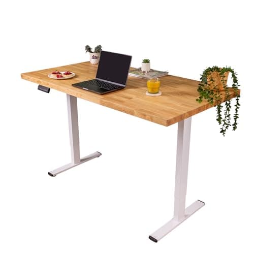 Image of domli D2 Electric Standing Office Desk With Solid Oak Wood Top | 1200mm x 800mm x 40mm Desktop | Sit Stand Adjustable With Control Panel, Heavy Duty White Metal Frame