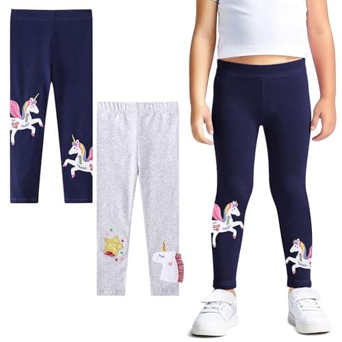 Image of FILOWA Leggings Girls Kids Cotton Stretchy Trousers 2-Pack Star Horse Embroidery Tassels Tights Pants Long Legging Activewear Casual School Spring Autumn Trouser for Children 5-6 Years, Navy Grey