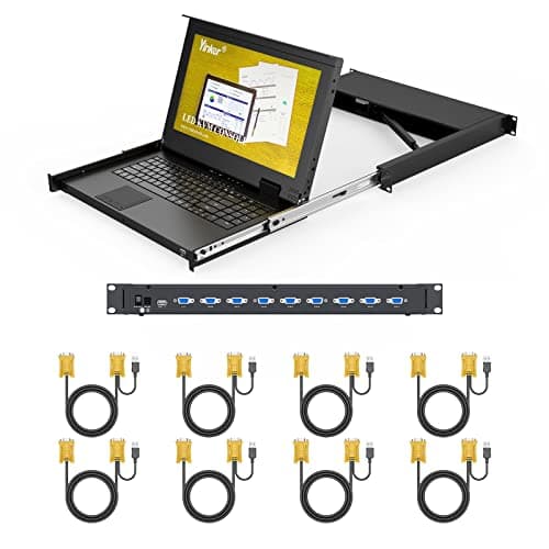 Image of Yinker 8 Port Rack Mount KVM w/15.6 inch Monitor, VGA LCD KVM Console for 1U 19'' Rack Fit in 23.6''-31.4'' depth Network Server Cabinet + Keyboard TouchPad + 8 Pack Cables