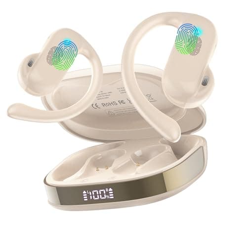 Image of Wireless Earbud Bluetooth 5.4 Open Ear Headphones with Ear Hooks, 42H HiFi Stereo Open Ear Headphones with Clear Calls, IPX7 Waterproof Lightweight Sport Earphones for Sport/Running/Gym/Off White