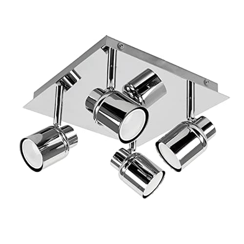 Image of MiniSun | Modern Polished Chrome Square Plate Adjustable IP44 Bathroom 4 Way Ceiling Spotlight Complete with 4 x 5W Cool White GU10 LED Bulbs | Bathroom, Home Décor Essential | Mains Wired