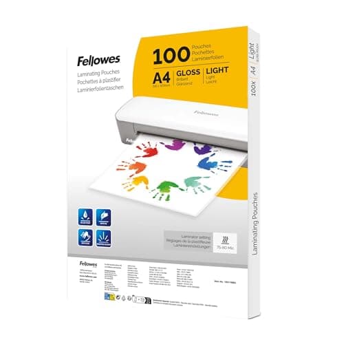 Image of Fellowes A4 Laminating Pouches – 100 Pack Gloss Finish – Laminator Sheets for Home, School or Office – Ideal for Photos, Signs & Documents – Compatible with All Laminators
