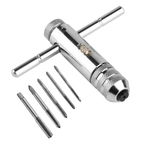 Image of T Handle Tap Wrench Set, Adjustable T-Handle Ratchet Tap Wrench Tool Re-Threading Tools, with 5 Pcs M3-M8 Metric Metal Hand Thread Taps forTap and Die Sets, Metric Plug T-Shaped Taps
