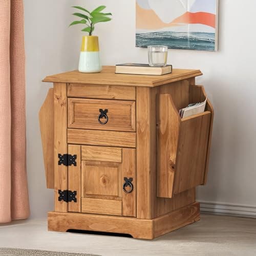 Image of Corona Magazine Table Rack 1 Door 1 Drawer Bedside Solid Wood Pine Wooden Mexican Side Lamp Living Room Bedroom Hallway Newspaper 52cm High 54cm Wide 38cm Deep