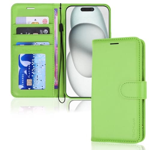 Image of TECHGEAR iPhone 15 Leather Wallet Case, Flip Protective Case Cover with Wallet Card Holder, Stand and Wrist Strap - Green PU Leather with Magnetic Closure for iPhone 15 6.1"