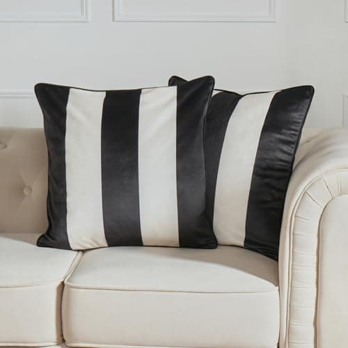 Image of OHS 2 Pack Cushion Covers 45 x 45cm, Super Soft Matte Velvet Black & White Stripe Print Decorative Throw Pillow Covers with Hidden Zipper For Sofa Bed Livingroom, Mono