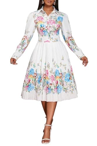 Image of VERWIN Lapel Three-Quarter Sleeve Knee Length Pleated Floral Women's Sheath Dress M White