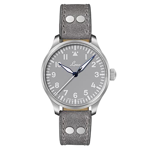 Image of Laco Aviator Watch, Automatic Watch, Stainless Steel Case, Sapphire Glass, 5 Bar Made in Germany, Base Augsburg - Grey Leather Strap, Grey Dial, Damen, strap
