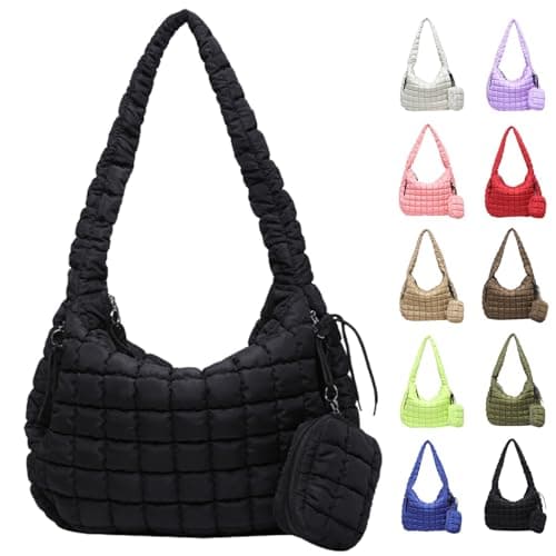 Image of Bagtopia Puffer Tote Bag for Women, Large Quilted Puffer Bag with Mini Pouch, Lightweight Puffy Quilted Hobo Bag, Soft Padded Shoulder Handbag, Puff Crossbody Purse for Work,Gym,Travel, Black