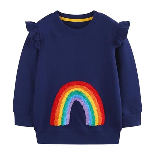 Image of Tokeya Girls Sweatshirts Cotton Ruffled Long Sleeve Jumper Cute Rainbow T-Shirt Crew Neck Causal Kids Clothes Soft Comfort Warm Pullover Tops for Sports Outdoor Girl Clothing 4-5 Years, Navy Blue