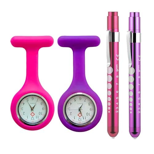 Image of Embhlitfe 4Pcs Nurse Pen Torch and FOB Watch Set, Penlight Flashlight with Pupil Gauge & Silicone Fob Watch with Easy to Read Dial for Health Care Nurses, Doctors, Paramedics (Pink&Purple)