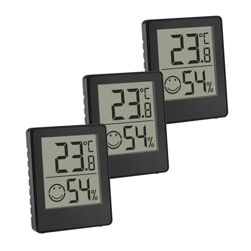 Image of TFA Dostmann Digital Mini Thermal Hygrometer, Set of 3, 30.5039.01.03, Room Thermometer, Temperature and Humidity Meter, Smiley Comfort Zone, Room Climate Control, Battery Operated, Black