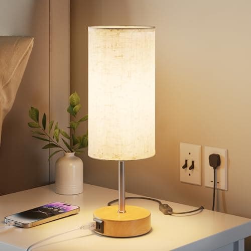 Image of UPXNBOR Bedside Lamps, Table Lamp for Bedroom/Living Room/Study Room/Office with USB A+C Charging Ports, Reading Light, Desk Lamp, 3-Way Touch Dimmable, 1.5m Cable, Linen Fabric Shade (E27 Bulb Incl.)