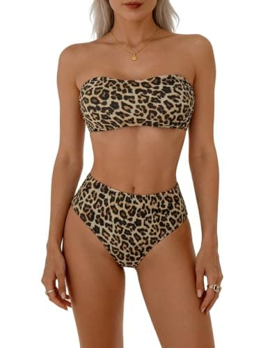 Image of JILLICK Women's High Waisted Bikini Set, Strapless Bandeau Top, Leopard Print 2 Piece Swimsuit with Tummy Control High Cut Bottoms, Quick Dry Stretch Swimwear for Beach Pool Holiday (Leopard/S)