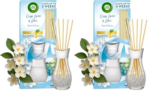 Image of Air Wick Reed Diffuser, Crisp Linen & Lilac, 42ml, Natural Essential Oils, Long-Lasting Home Scent for up to 6 weeks, Eco-Friendly Freshener, Sustainable Recyclable Packaging, Weeks of Fragrance