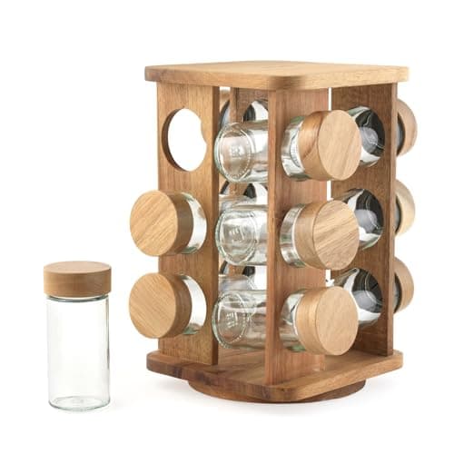 Image of Salter Toronto Rotating Spice Rack – 12 Refillable Glass Jars Including Spice Labels, Screw Top, FSC®-Certified Acacia Wood & Screw Lids, Long Lasting Freshness, Rotating Base, Compact Design