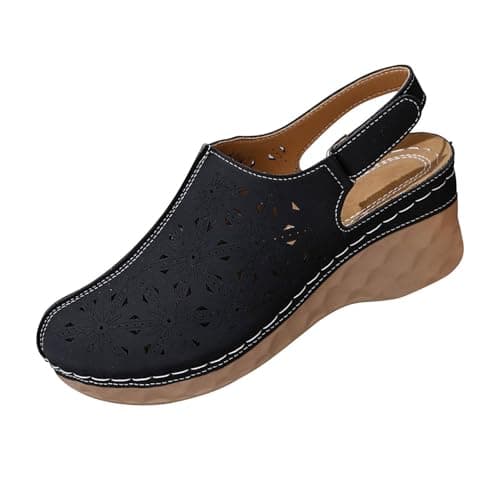 Image of Women's Clogs & Mules - Ladies Wedge Sandals Wide Fit Closed Toe Slip On Retro Ethnic Garden Clogs Casual Wedge Heel Summer Beach Pool Shoes Sandals UK Size 3.5-7.5 Black