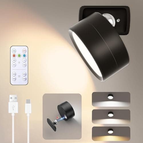 Image of Battery Operated Wall Light, Rechargeable Magnetic LED Wall lamp, Reading light with 360° Rotations, Wall Light with 3 Color Modes, Touch Control, Wireless Wall Sconces for Bedroom Bedside (Black)