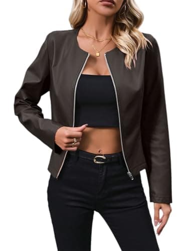 Image of SotRong Womens Faux Leather Zip-Up Jacket Cropped Moto Style Blazer Collarless PU Biker Motorcycle Coat Lightweight Fashion Outwear for All Seasons Coffee M