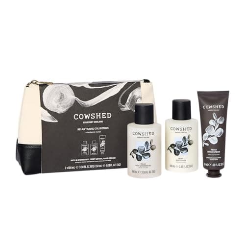Image of Cowshed Travel Set | Relax Shower Gel, Body Lotion, and Hand Cream with Calming Lavender & Eucalyptus | Lotion & Body Wash Gift Set | Travel Size Toiletries (2x 100ml, 1x 50ml)