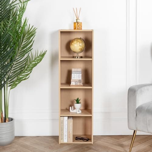 Image of Cube Bookshelf Beech Tall Wooden Storage Organiser Wood Shelving Unit Open Bookcase Shelf For Home Living Room Office Bedroom Furniture (Beech, 4 Tier)