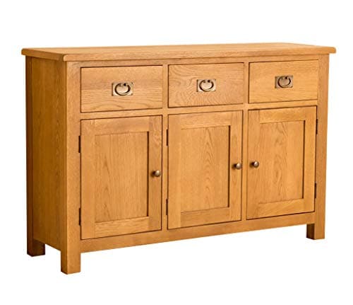Image of Lanner Oak Large Sideboard Cabinet | Roseland Furniture Traditional Rustic Waxed Solid Wooden 3 Drawer 3 Door Storage Buffet Unit for Living Room or Dining Room | Fully Assembled