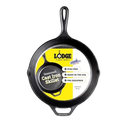 Image of Lodge Pre-Seasoned Cast Iron Skillet for Indoor and Outdoor Use. Induction Frying Pan. Oven, Grill and Metal Utensil Safe Skillet Frying Pan with Pouring Lips. Made in The USA. 26 cm/10.25 inch