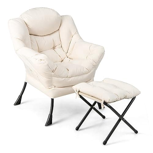 Image of COSTWAY Armchair Accent Chair, Fabric Upholstered Lounge Armchair Leisure Reading Chair with Side Pocket, Metal Frame Comfy Seat Lazy Sofa Chairs for Living Room Bedroom (with Footstool, Beige)
