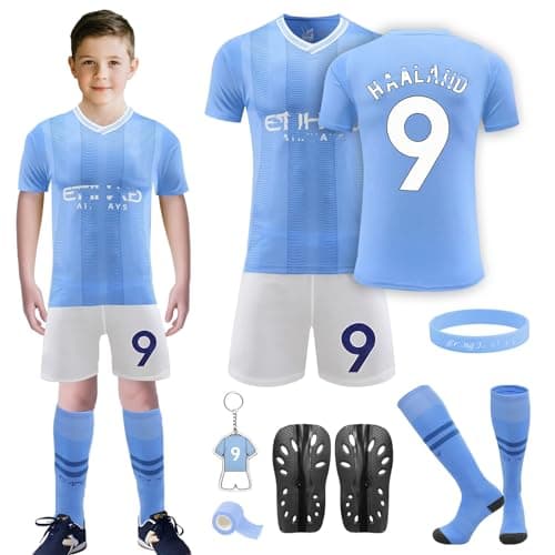 Image of Kids Football Kit, Children Football Training T-Shirts Shorts Socks Guard Plate Keychain Accessories, Boys Girls Home Away Soccer Jerseys Football Fan Gifts for Kids
