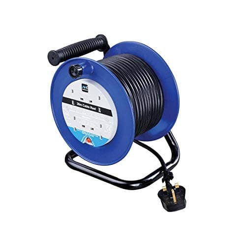 Image of Masterplug Four Socket, 30 Metre Open Cable Reel, Medium Extension Lead Reel, Wind-Up Power Retractable Cord Reel, Heavy Duty, Thermal Cut Out, Work Power, Blue/Black, 13A, 4G, 30m, LDCC3013/4BL