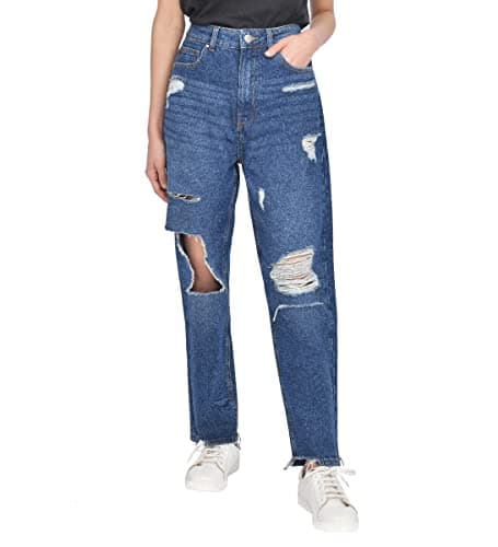 Image of M17 Womens Ladies Denim Torn Hem Rip Mom Jeans High Waisted Classic Casual Cotton Trouser Pants with Pockets (14, Dark Wash Blue)