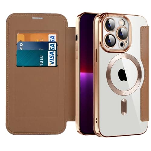 Image of IMIRST Magnetic Case for iPhone 13 Pro, [Compatible with MagSafe] Premium Flip Leather Card Holder with RFID Blocking Clear Shockproof Phone Case Cover for Apple iPhone 13 Pro, WD Brown