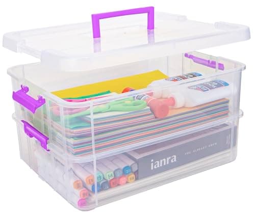 Image of Creahaus 2 Layer Plastic Storage Containers with Lids, Multipurpose Clear Stack & Carry Box, Portable Craft Organizers and Storage Bin for Organizing Art Craft, Sewing, Building Blocks, Nail Supplies