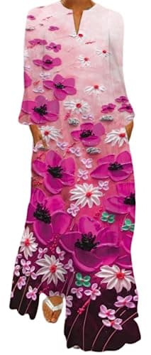 Image of Ocean Plus Spring Summer Dress for Women Long V-Neck Long Sleeve Skirt with Pockets and Wide Floral Print (XXL, Pink Flower Oil Painting)