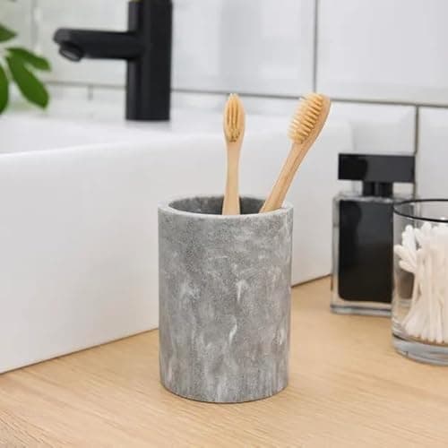 Image of New Modern Chic Grey Marble-Effect Toothbrush Holder Cylindrical Design, Compact and Stylish Countertop Organiser for Modern Bathroom-M82 (Toothbrush Holder)