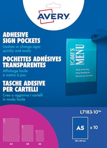 Image of Avery L7183-10 Repositionable Sign Pockets, Clear Self-Adhesive A5 Display Sleeves (148 x 210 mm), Reusable Wipe-Clean, Pack of 10