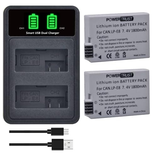 Image of PowerTrust 2pcs LP-E8 LPE8 Battery with Charger for Canon EOS 550D 600D 650D 700D Kiss X4 X5 X6i X7i Rebel T2i T3i T4i T5i Cameras