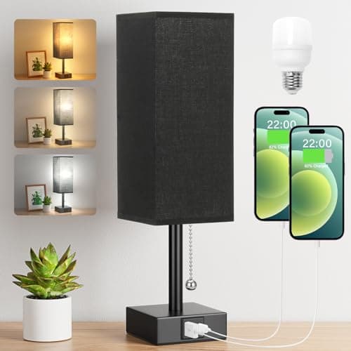 Image of Aooshine Bedside Lamp, Table Lamp for Bedroom, Lamp with USB C+A Charging Ports, Small Bedroom Lamp with 3-Color Modes with Pull Chain, Bedroom Lamp with Black Fabric Shade(LED Bulb Included)