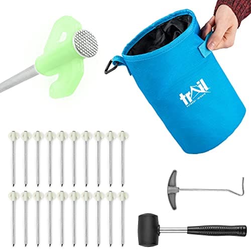 Image of Trail 20 x Glow In The Dark Tent Pegs Heavy Duty Steel for Hard Stony Ground with Mallet, Peg Extractor and Bag with Carabiner Clip (Peg Size: 20cm x 6.5mm)