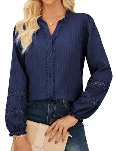 Image of GRACE KARIN Women Tunic Blouses Tops Summer Long Sleeve Elegant Classic Medieval Vintage Button Shirt Plus Size XXL Size 20 Navy Blue