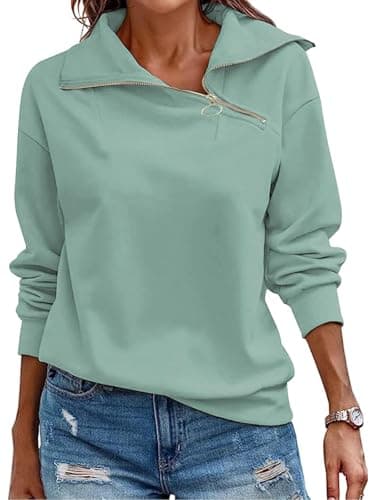Image of Cuptacc Women's Sweatshirts V Neck Long Sleeve Tunic Tops Casual Solid Color Half Zip Sweatshirt Women Autumn Green, Medium M 12-14