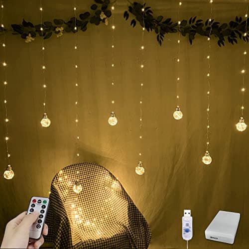 Image of YOLIGHT Wishing Ball Curtain Lights 200 LED Window Curtain Lights with Remote Timer, USB Battery Powered Twinkle Globe Fairy Lights for Wedding Party Bedroom Christmas Decoration (Warm White)