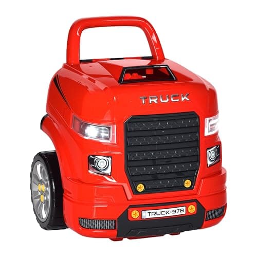 Image of HOMCOM Kids Truck Engine Toy Set, Toddler Educational Car Service Station Playset, Take Apart Workshop, w/RC Car Key, Steering wheel, Horn, Light, for 3-5 Years Old Red