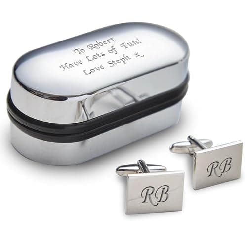 Image of Personalised Cufflinks with Chrome Case - Engraved with Your Custom Text - Gifts for Men Wedding Him Husband Bridegroom