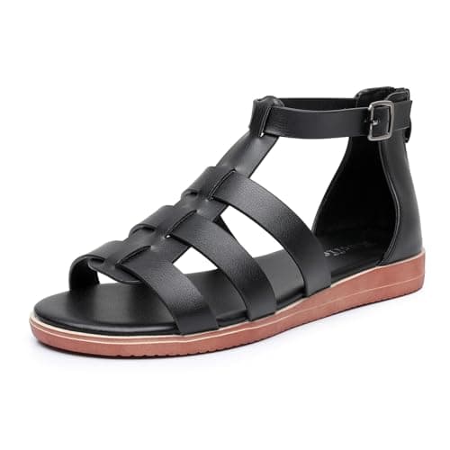 Image of Rusffes Women's Gladiator Sandals Roman Flat Sandals with Ankle Strap for Summer Black 5.5uk