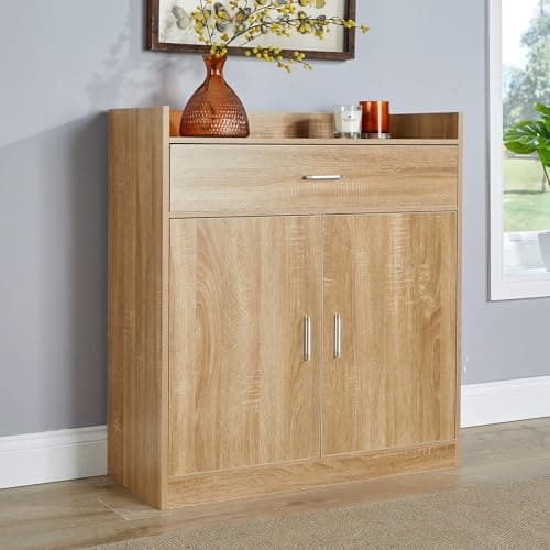 Image of Home Source Shoe Cabinet, 2 Door 1 Drawer Storage, Compact Hallway Cupboard Organiser, Footwear Rack Stand, Wooden Sideboard, Oak Effect