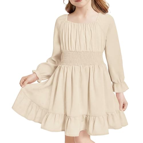 Image of JiAmy Girls Dress Square Neck Long Sleeve A-Line Swing Dresses Kids Casual Elegant Birthday Party Princess Clothes for Girl 7-8 Years Beige